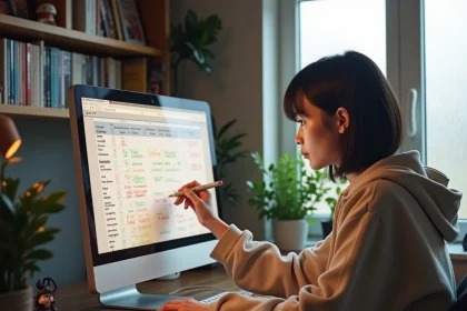 Jeune femme annotant un calendrier de sorties anime par genre dans un bureau home office chaleureux