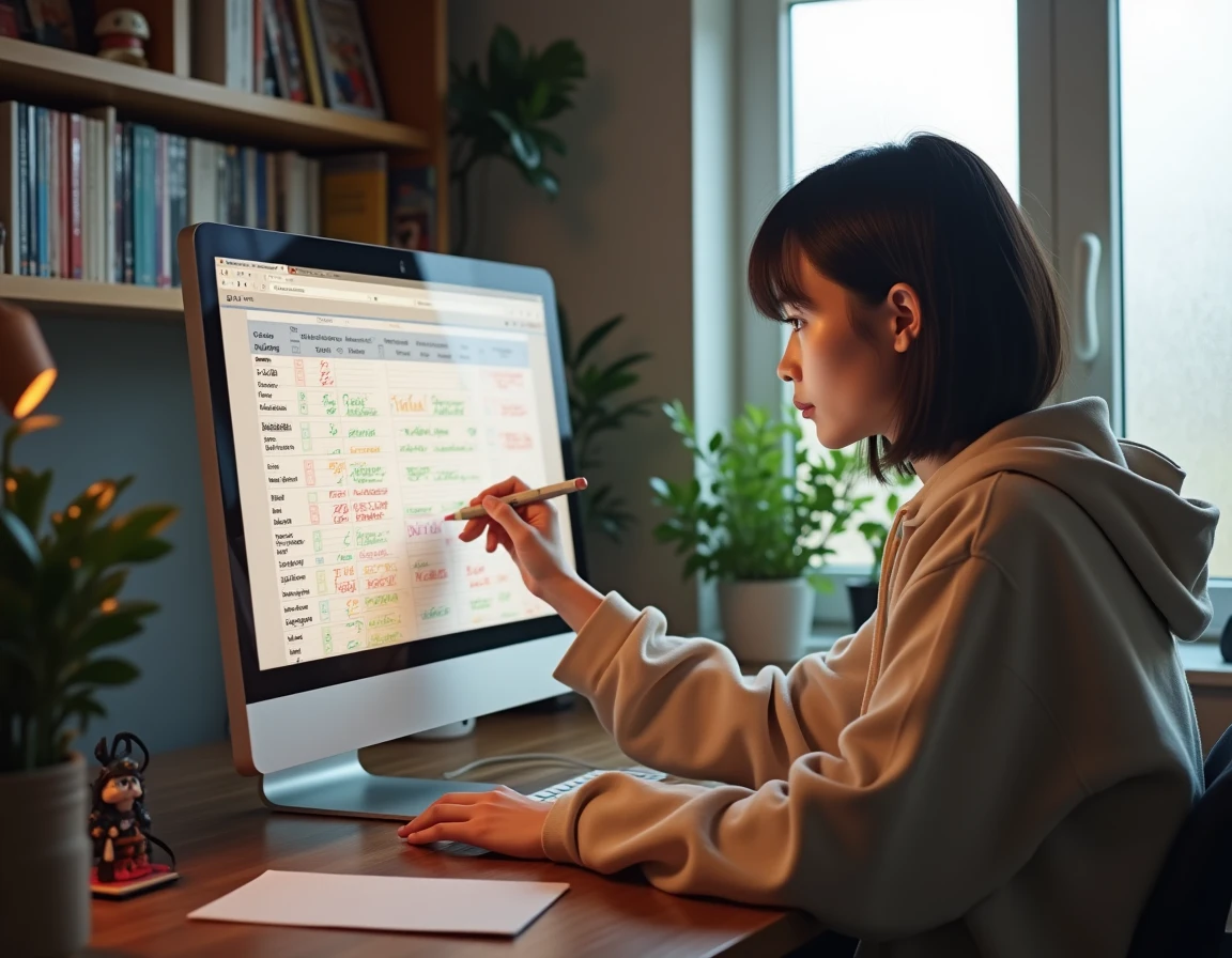 Jeune femme annotant un calendrier de sorties anime par genre dans un bureau home office chaleureux