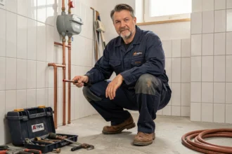 Un plombier professionnel en combinaison bleue travaille sur des tuyaux en cuivre dans une salle technique d'une maison du Loiret