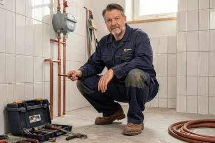 Un plombier professionnel en combinaison bleue travaille sur des tuyaux en cuivre dans une salle technique d'une maison du Loiret