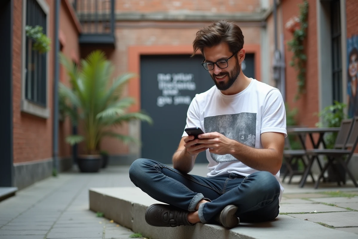 Jeune homme milanais consultant un compte de poésie italienne sur Instagram dans une cour urbaine avec fresques et briques apparentes