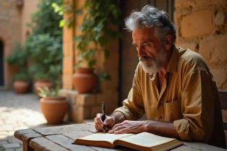 Poète italien écrivant des vers manuscrits dans une cour toscane en pierre, carnet en cuir et stylo plume, atmosphère méditerranéenne intemporelle