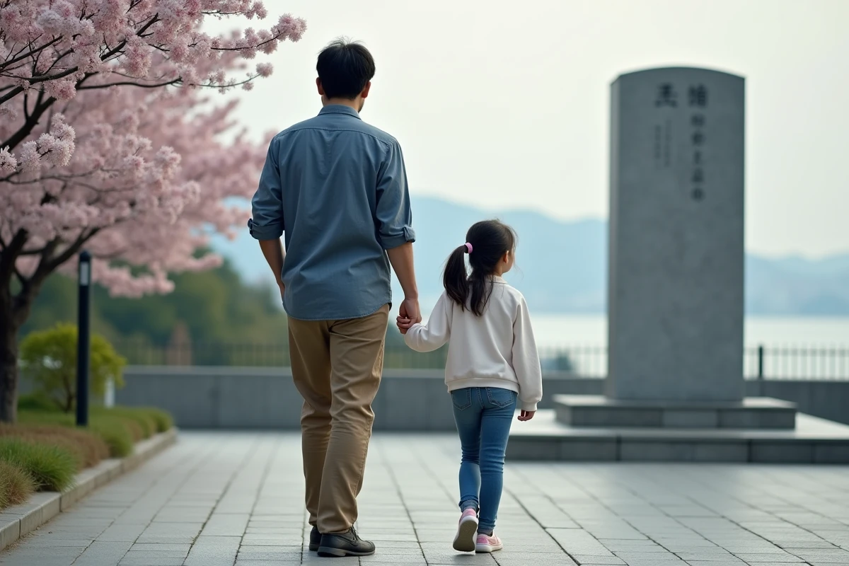 Père et fille japonais dans un parc de mémoire