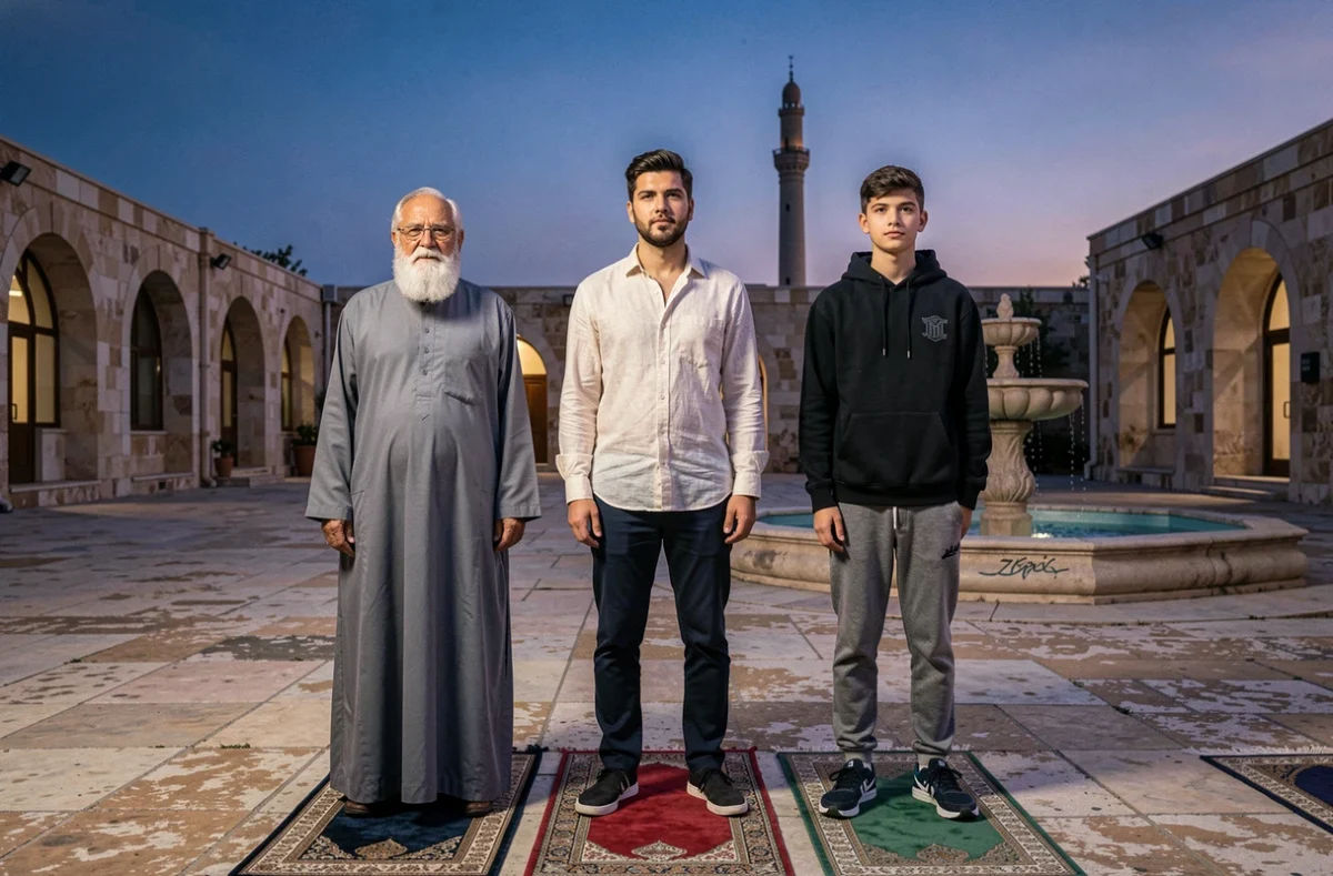 Groupe de trois hommes de générations différentes priant en communauté dans la cour d'une mosquée au crépuscule lors de la prière du Maghreb