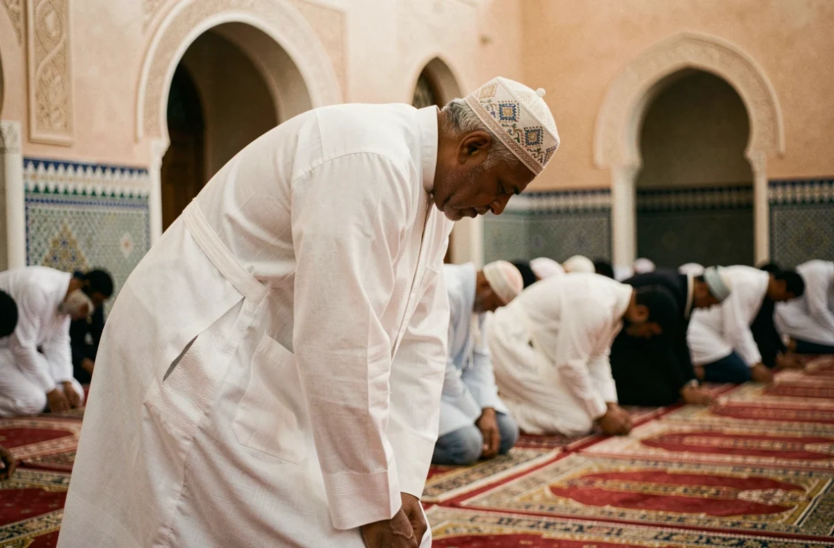 Homme en djellaba blanche effectuant la prière du Maghreb dans une mosquée traditionnelle avec des tapis ornés et une architecture en zellige