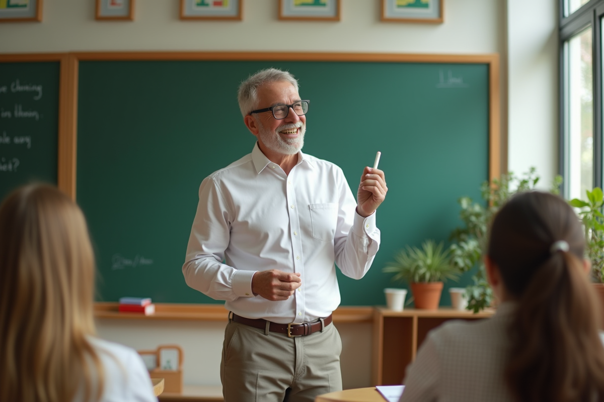 Professeur souriant dans une salle de classe dynamique