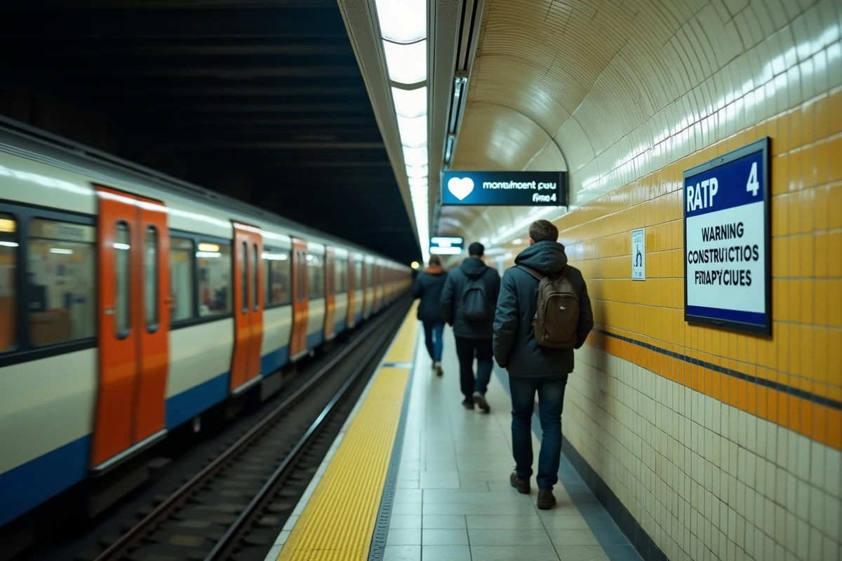 Quai de la ligne 4 du métro parisien avec signalisation de travaux et passagers en attente