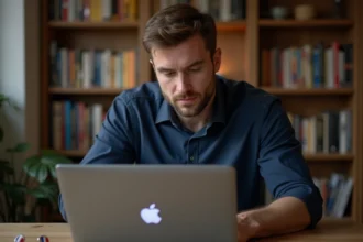 Homme utilisant un quiz en ligne pour choisir son parti politique en 2026 sur un ordinateur portable