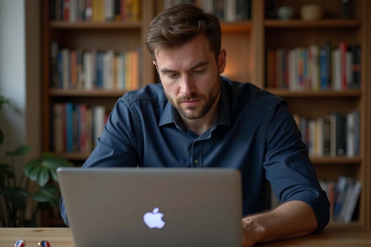 Homme utilisant un quiz en ligne pour choisir son parti politique en 2026 sur un ordinateur portable