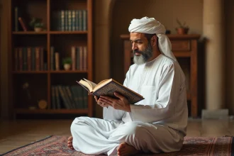Homme récitant le Coran ouvert sur la sourate Al Mulk, assis sur un tapis de prière en intérieur
