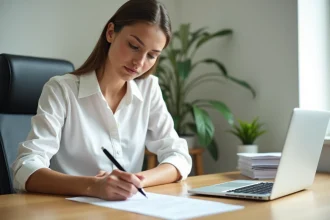 Femme rédigeant une lettre administrative formelle à la main dans un bureau à domicile ordonné