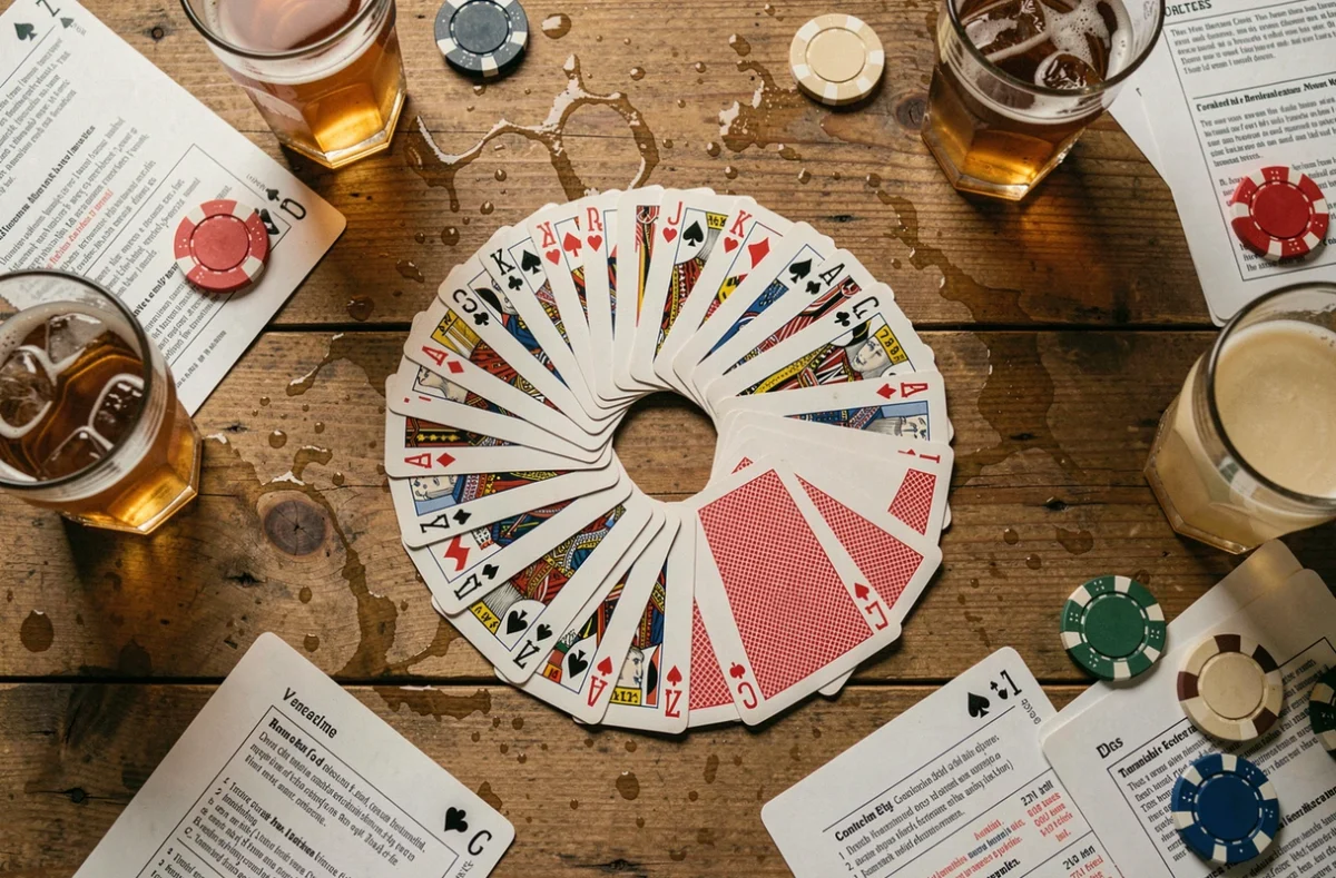 Vue aérienne d'une table avec des cartes en cercle, des verres et des fiches de règles de jeux à boire comme le Ring of Fire et le Palmier