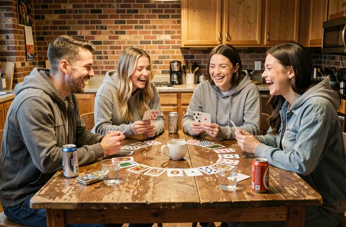 Groupe de jeunes adultes jouant au Ring of Fire autour d'une table avec des cartes disposées en cercle et un verre central