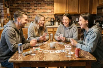Groupe de jeunes adultes jouant au Ring of Fire autour d'une table avec des cartes disposées en cercle et un verre central