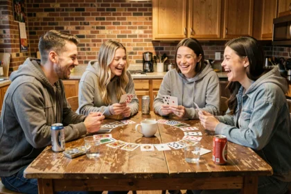 Groupe de jeunes adultes jouant au Ring of Fire autour d'une table avec des cartes disposées en cercle et un verre central