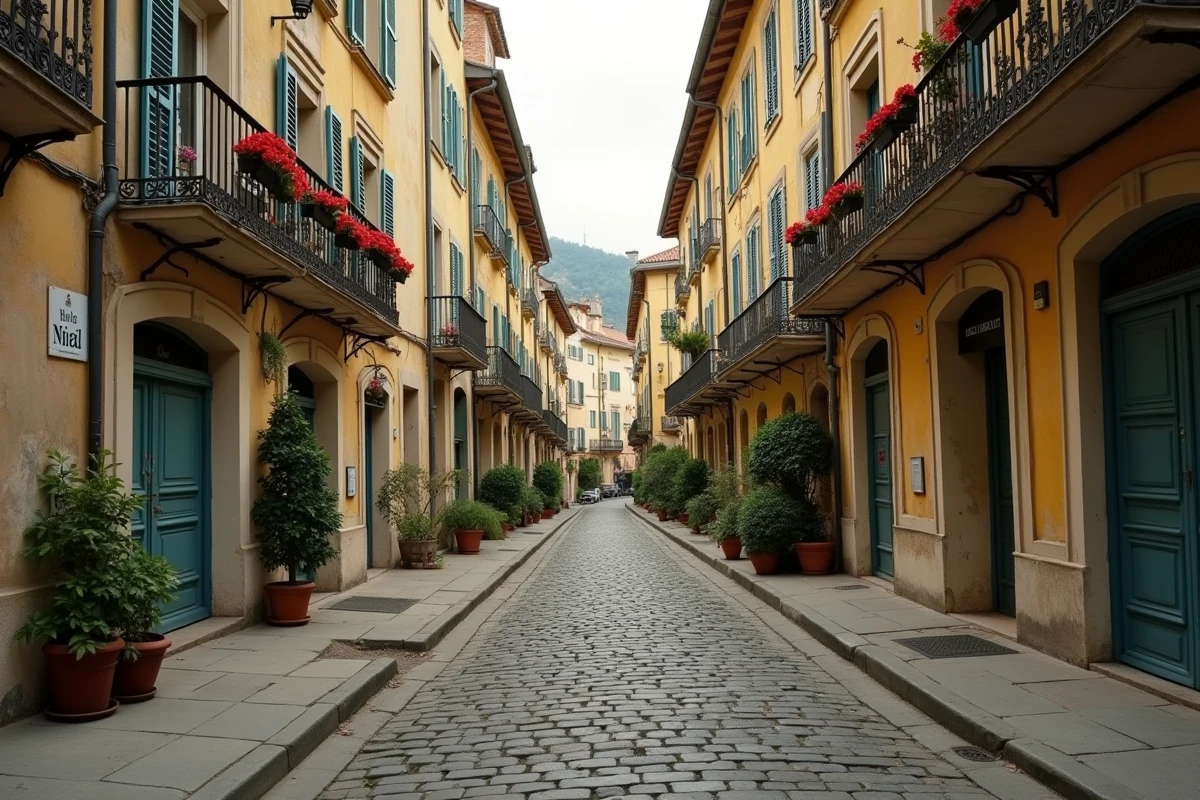 Rue pavée d'un quartier populaire français avec immeubles anciens et volets colorés évoquant l'environnement d'une enfance modeste en province