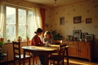 Intérieur d'un salon familial français des années 1970 avec mobilier vintage et photographies encadrées évoquant une enfance chaleureuse
