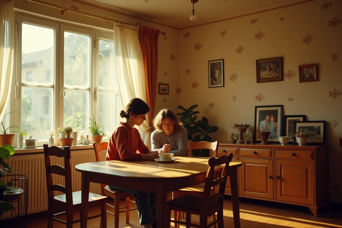 Intérieur d'un salon familial français des années 1970 avec mobilier vintage et photographies encadrées évoquant une enfance chaleureuse
