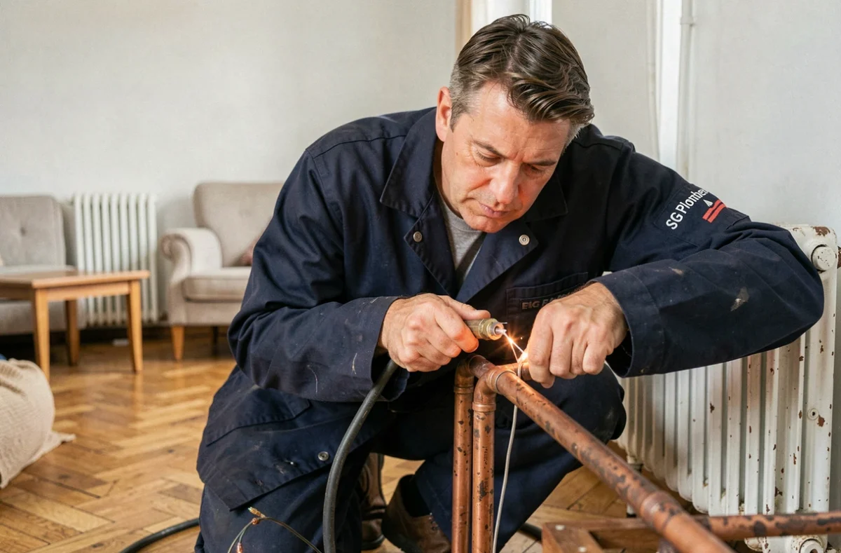 Plombier SG Plomberie en train de souder un joint en cuivre sur un radiateur dans un salon résidentiel avec parquet