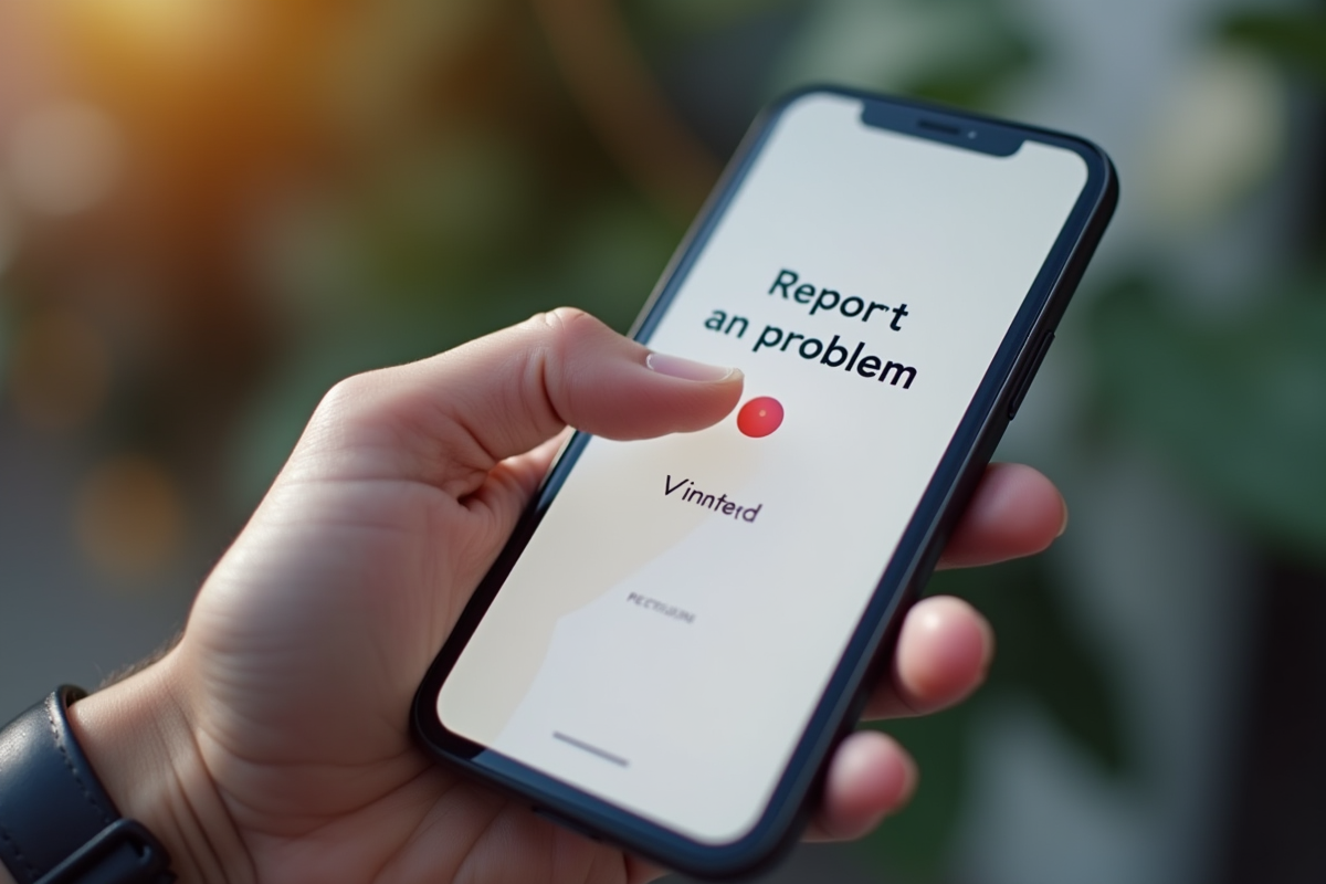 Main tenant un smartphone avec option signaler un probleme Vinted