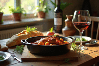Table rustique avec plat de lapin en sauce et vin rouge