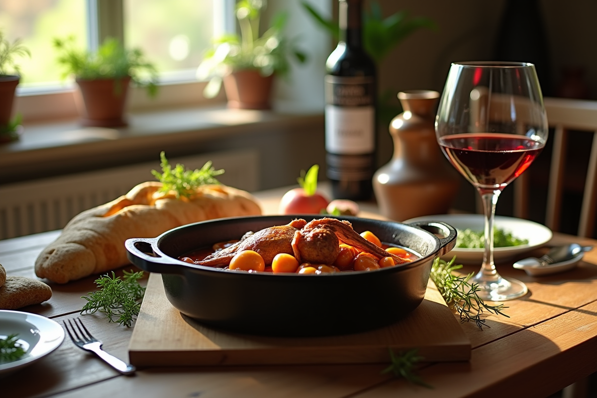 Table rustique avec plat de lapin en sauce et vin rouge