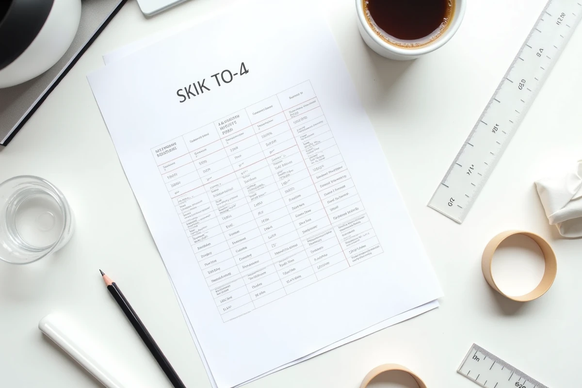 Tableau de conversion volume litre et m3 imprimé en PDF posé sur un bureau avec des outils de mesure