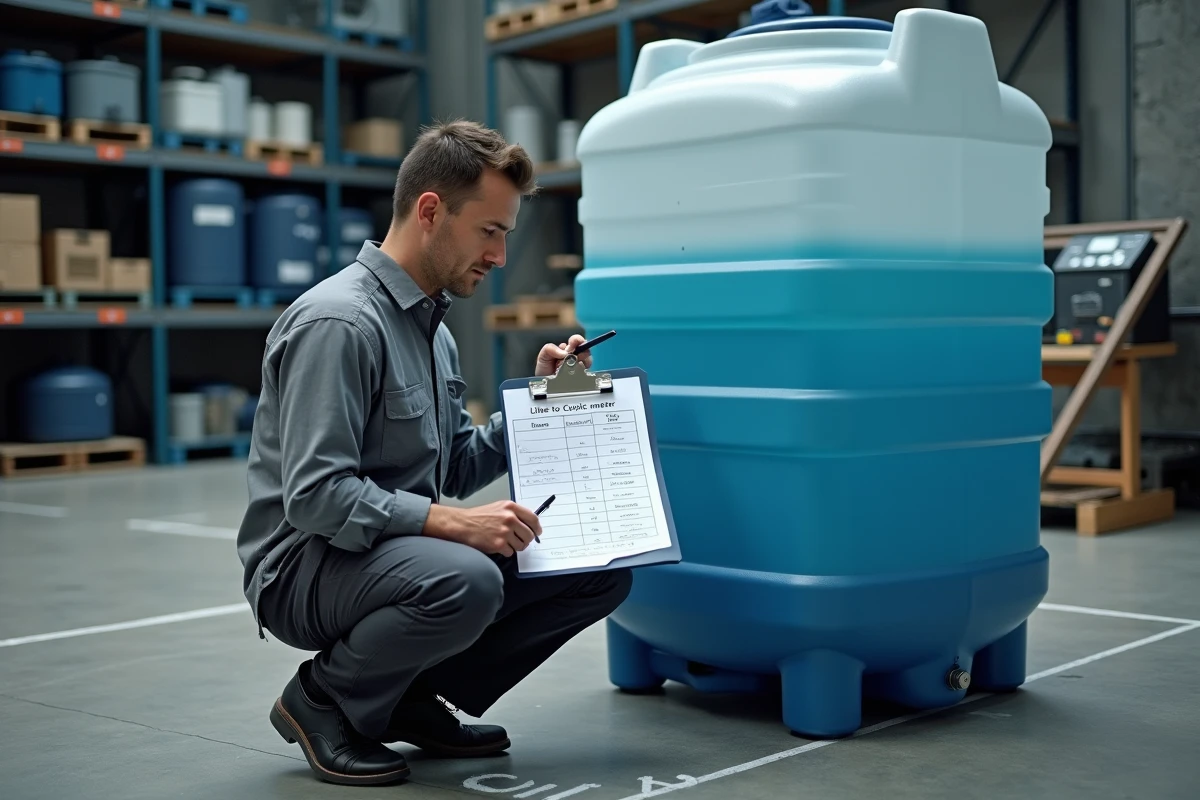 Technicien consultant un tableau de conversion volume litre et m3 dans un atelier industriel