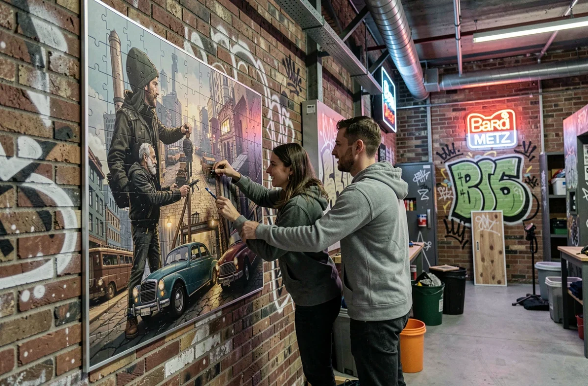 Deux joueurs collaborant sur une énigme murale dans l'escape room Team Break à Metz