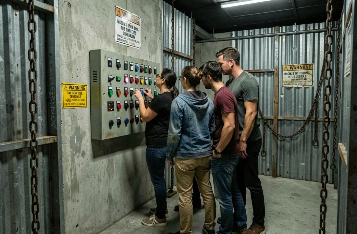 Groupe de joueurs devant un panneau d'énigmes industriel dans l'escape room Team Break à Terville