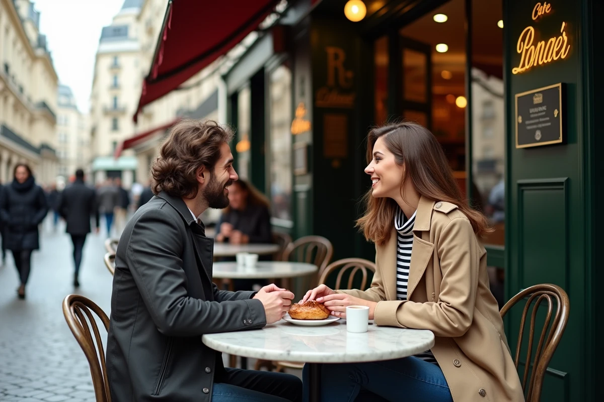 Terrasse de café parisien Rue Vivienne avec deux amis prenant un café en automne dans le quartier Vivienne Paris