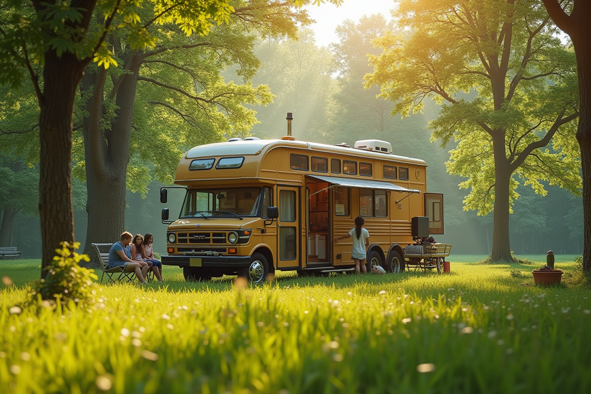 Petite maison construite dans un bus dans un verger ensoleille