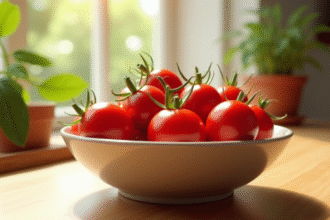 Bol de tomates cerises fraîches sur plan de travail lumineux