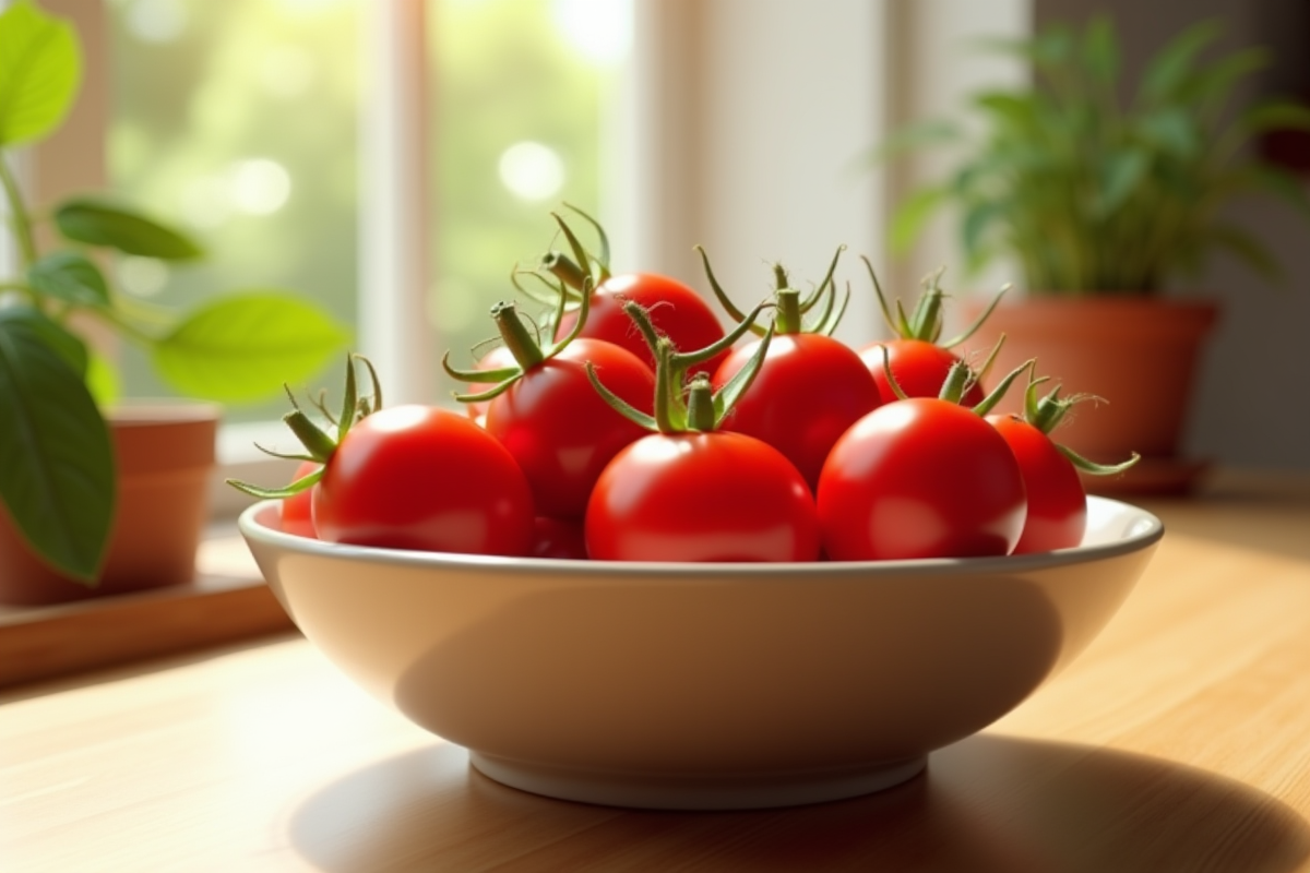 Bol de tomates cerises fraîches sur plan de travail lumineux