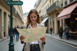 Touriste consultant une carte papier de Paris dans un boulevard haussmannien avec vue sur les arrondissements