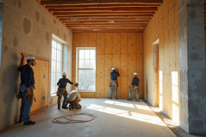 Équipe de travailleurs isolant un vieux bâtiment avec des panneaux modernes