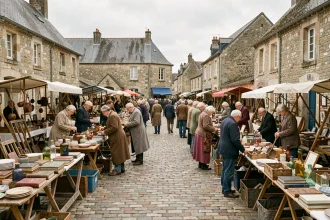 Vide grenier animé sur une place de village normand avec tables de brocante et visiteurs dans l'Orne