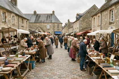 Vide grenier animé sur une place de village normand avec tables de brocante et visiteurs dans l'Orne