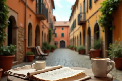 Puzzle de mots croisés ouvert sur une table en bois dans une piazza italienne pavée avec architecture en pierre ocre