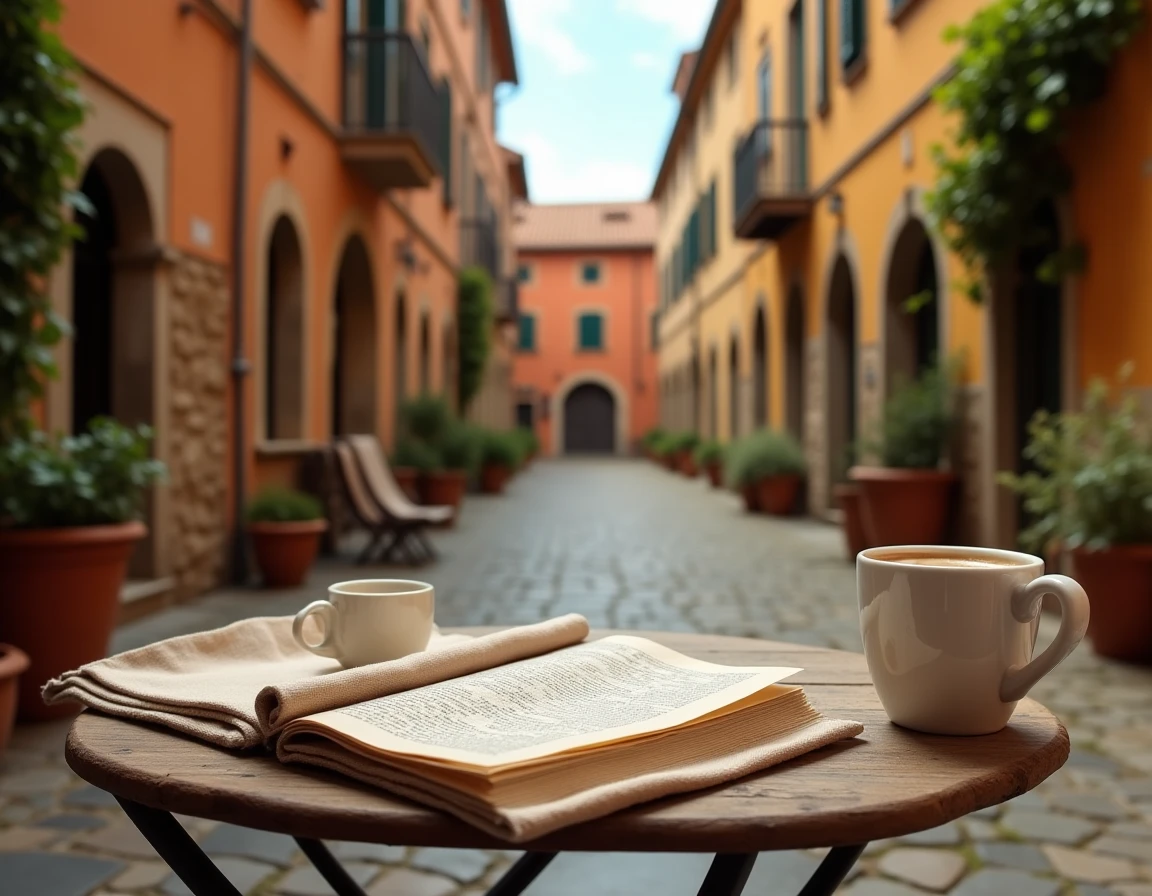 Puzzle de mots croisés ouvert sur une table en bois dans une piazza italienne pavée avec architecture en pierre ocre