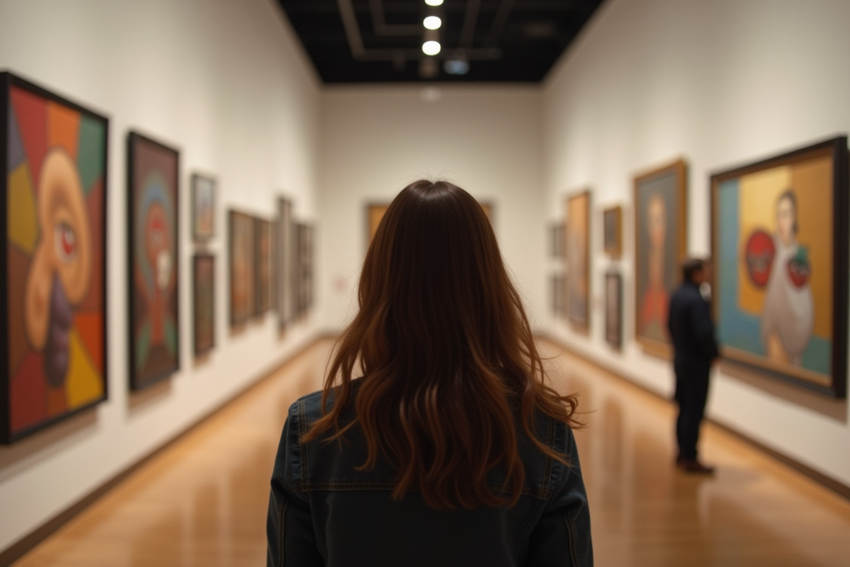 Femme observant des peintures dans une galerie d