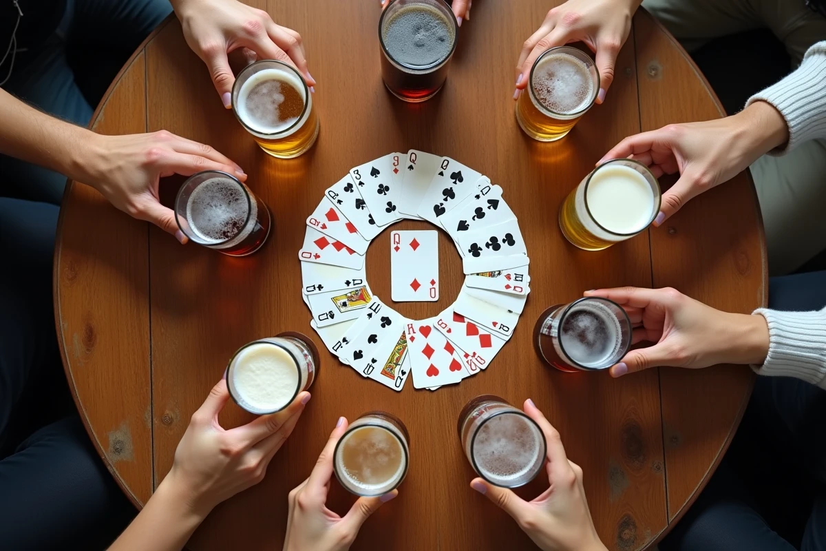 Vue aérienne du jeu Palmiers avec cercle de cartes et verres de boissons sur table en bois