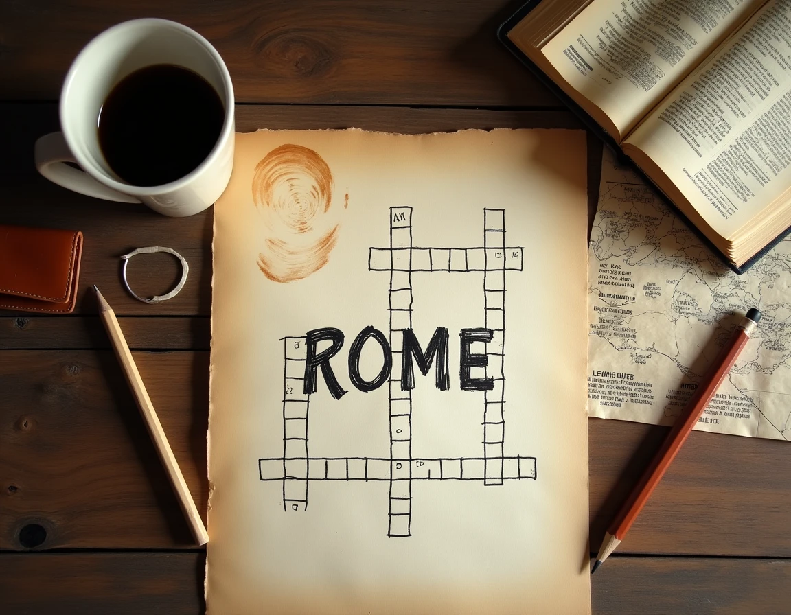 Vue aérienne d'une grille de mots croisés complétée avec le mot ROME entouré d'objets italiens vintage sur bois